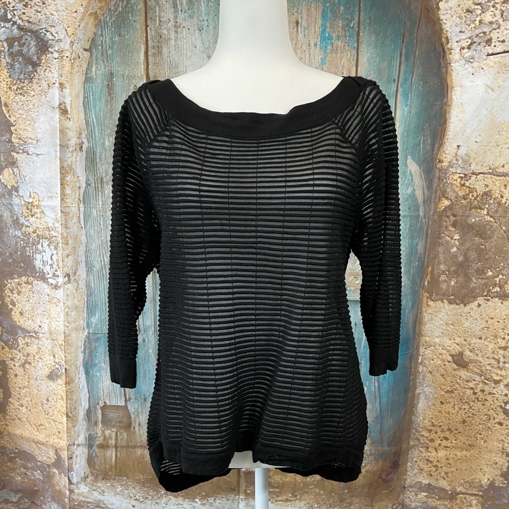 WHBM-Black Ribbed Mesh 3/4 Sleeve Shirt